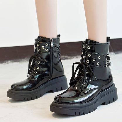 Women's Glossy Lace Up Buckles Belts Flat Platform Short Boots