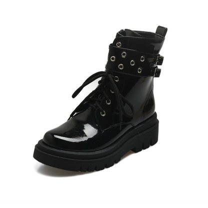 Women's Glossy Lace Up Buckles Belts Flat Platform Short Boots