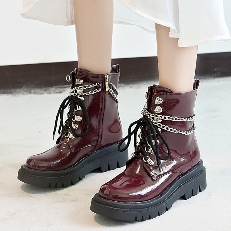 Women's Glossy Lace Up Metal Chains Flat Platform Short Boots