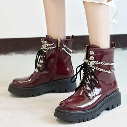 Women's Glossy Lace Up Metal Chains Flat Platform Short Boots