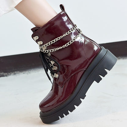 Women's Glossy Lace Up Metal Chains Flat Platform Short Boots