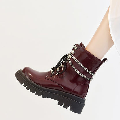 Women's Glossy Lace Up Metal Chains Flat Platform Short Boots