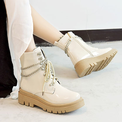 Women's Glossy Lace Up Metal Chains Flat Platform Short Boots