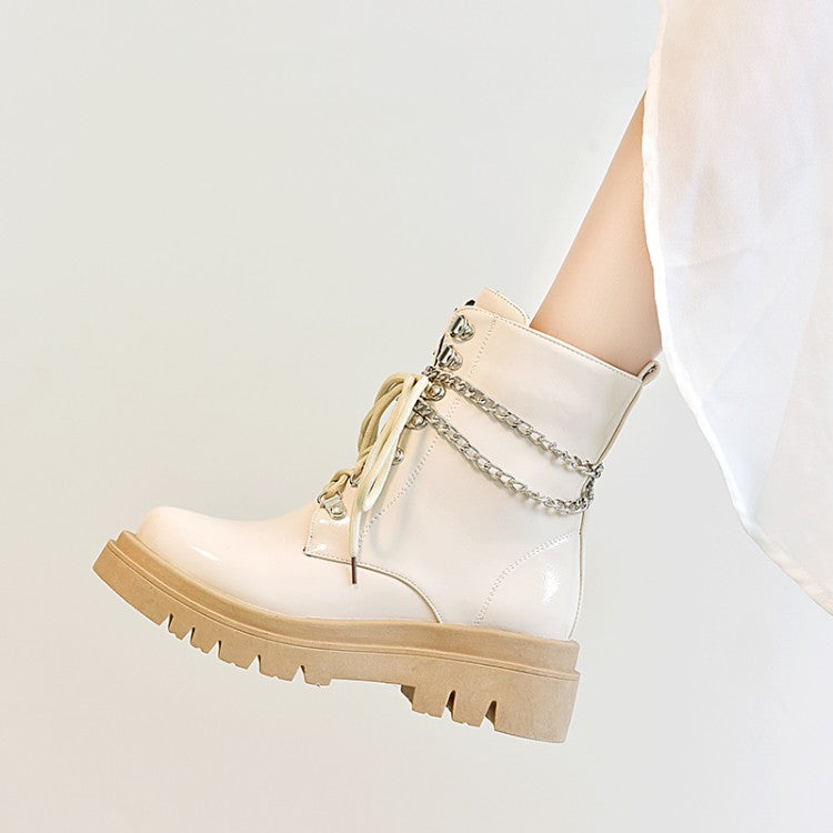 Women's Glossy Lace Up Metal Chains Flat Platform Short Boots