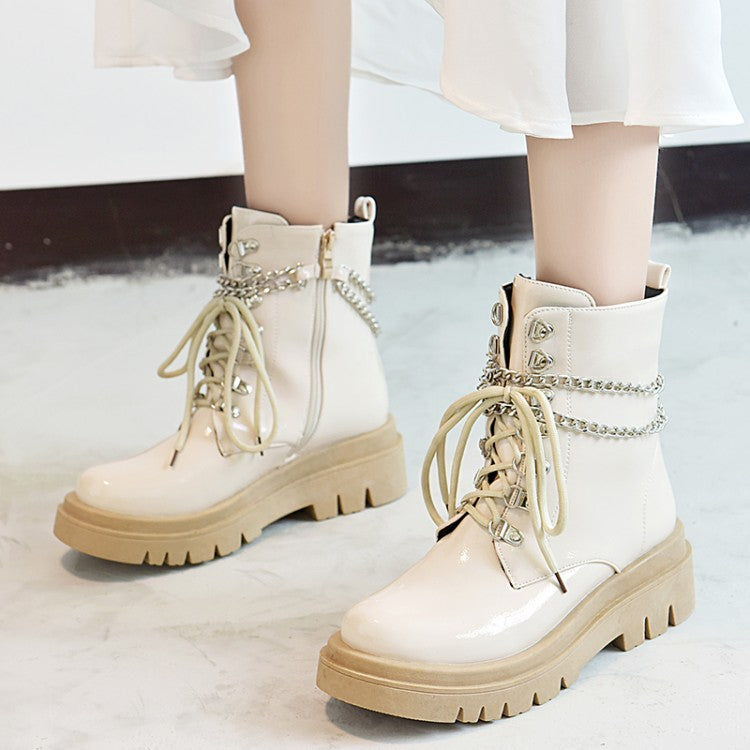 Women's Glossy Lace Up Metal Chains Flat Platform Short Boots