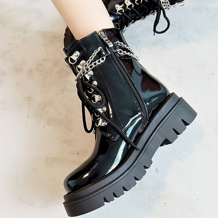 Women's Glossy Lace Up Metal Chains Flat Platform Short Boots