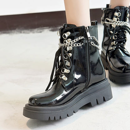 Women's Glossy Lace Up Metal Chains Flat Platform Short Boots