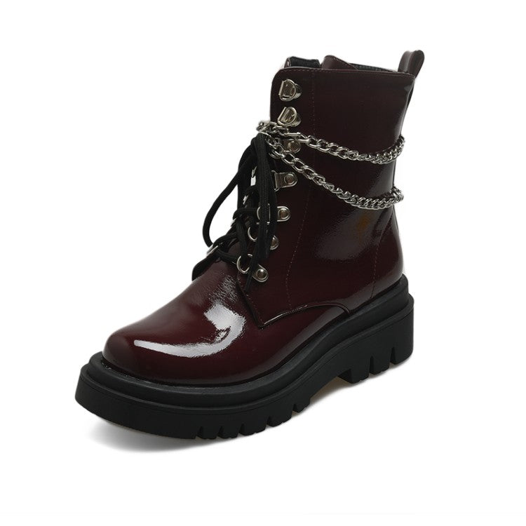 Women's Glossy Lace Up Metal Chains Flat Platform Short Boots