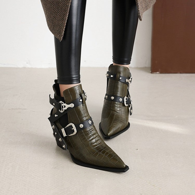 Women's Crocodile Pattern Pointed Toe Buckles Belts Rivets Block Heel Short Boots