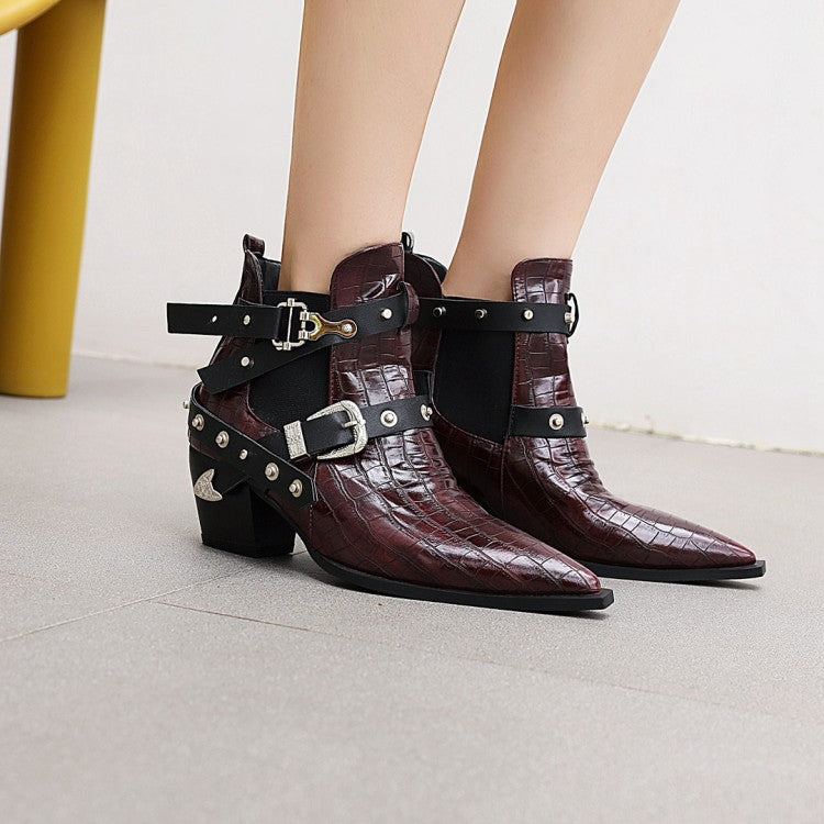 Women's Crocodile Pattern Pointed Toe Buckles Belts Rivets Block Heel Short Boots