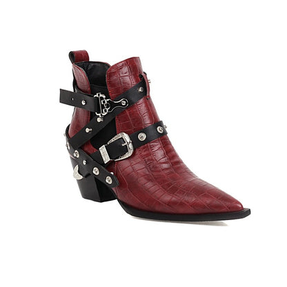 Women's Crocodile Pattern Pointed Toe Buckles Belts Rivets Block Heel Short Boots