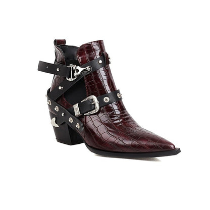 Women's Crocodile Pattern Pointed Toe Buckles Belts Rivets Block Heel Short Boots