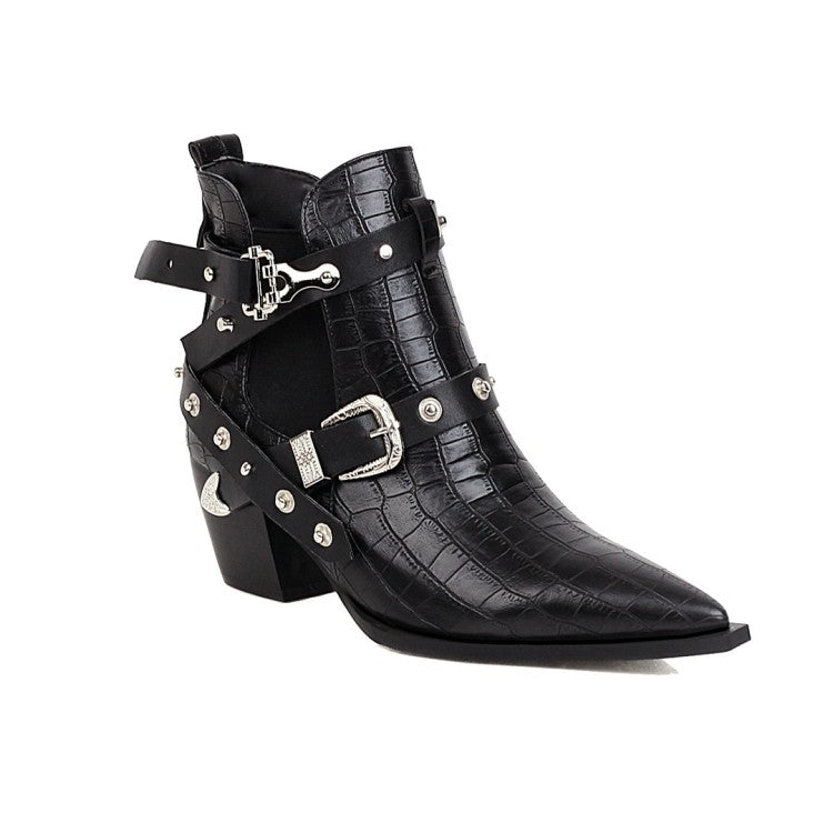 Women's Crocodile Pattern Pointed Toe Buckles Belts Rivets Block Heel Short Boots