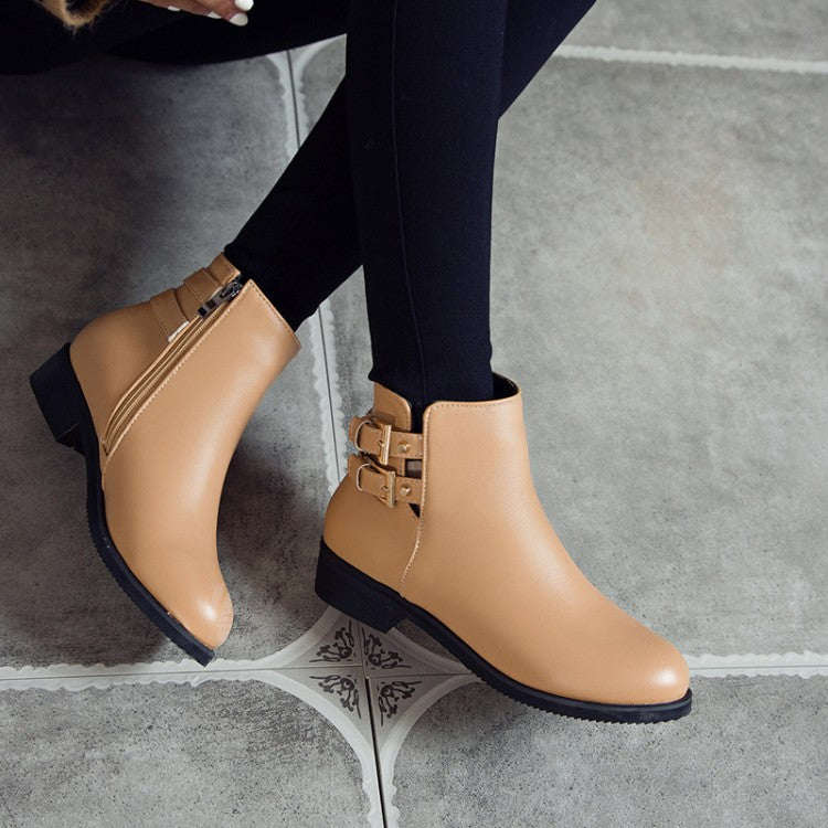 Women's Pu Leather Side Zippers Buckle Straps Block Chunky Heel Platform Ankle Boots