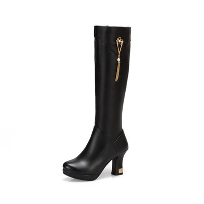 Women's Side Zippers Rhinestone Tassel Spool Heel Platform Knee High Boots