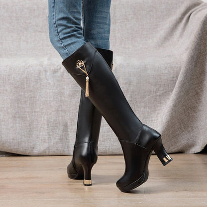 Women's Side Zippers Rhinestone Tassel Spool Heel Platform Knee High Boots