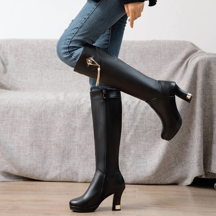 Women's Side Zippers Rhinestone Tassel Spool Heel Platform Knee High Boots