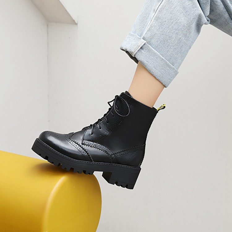 Women's Round Toe Lace-Up Block Chunky Heel Platform Short Boots