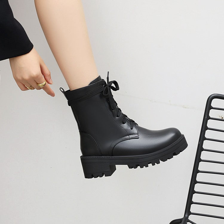 Women's Round Toe Lace-Up Side Zippers Block Chunky Heel Platform Short Boots