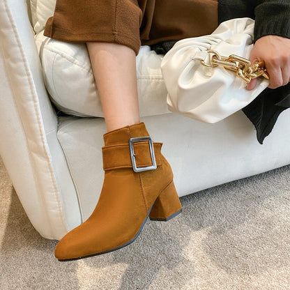 Women's Flock Round Toe Buckle Straps Side Zippers Block Chunky Heel Short Boots