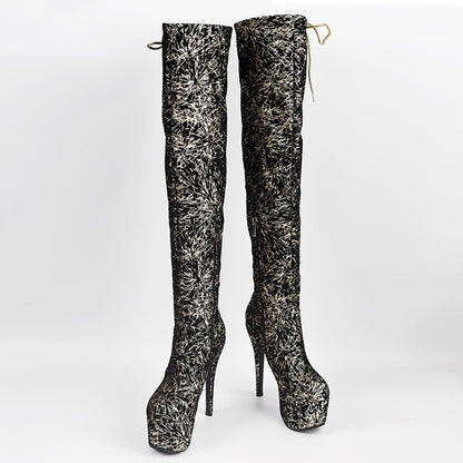 Women's Sequins Platform Stiletto Heel Side Tied Over the Knee Boots