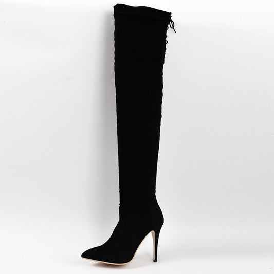 Women's Pointed Toe Stiletto Heel Side Zippers Back Tied Over the Knee Boots