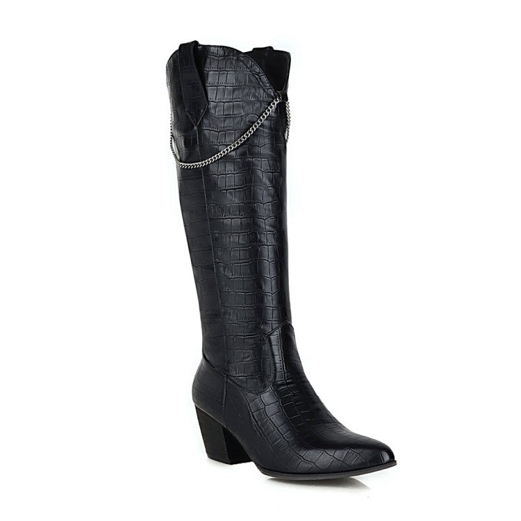 Women's Crocodile Pattern Pointed Toe Side Zippers Metal Chains Block Chunky Heel Mid-Calf Boots
