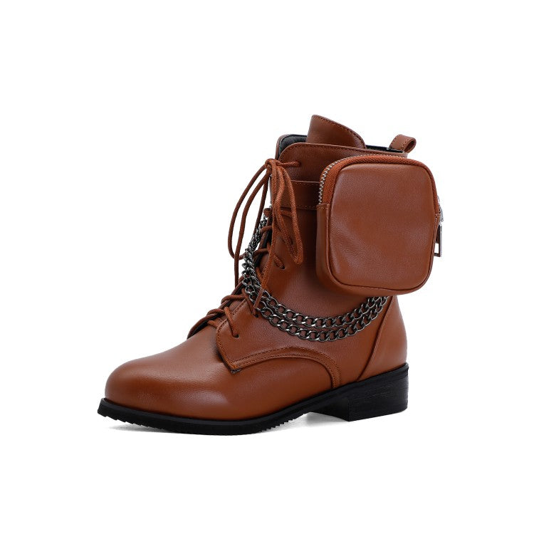 Women's Pu Leather Round Toe Metal Chains Lace Up Zippers Pocket Block Chunky Heel Ankle Boots