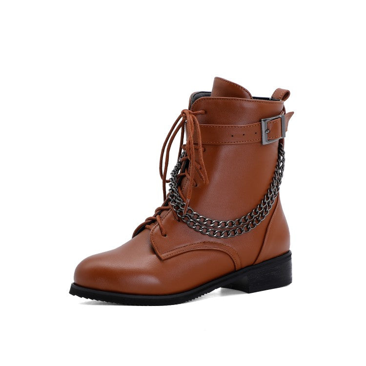 Women's Pu Leather Round Toe Metal Chains Lace Up Zippers Pocket Block Chunky Heel Ankle Boots