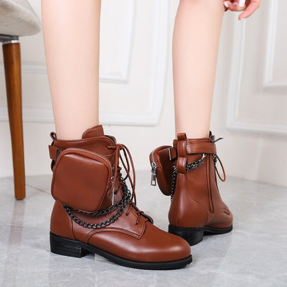 Women's Pu Leather Round Toe Metal Chains Lace Up Zippers Pocket Block Chunky Heel Ankle Boots