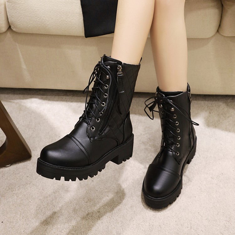 Women's Round Toe Lace-Up Side Zippers Block Chunky Heel Platform Short Boots