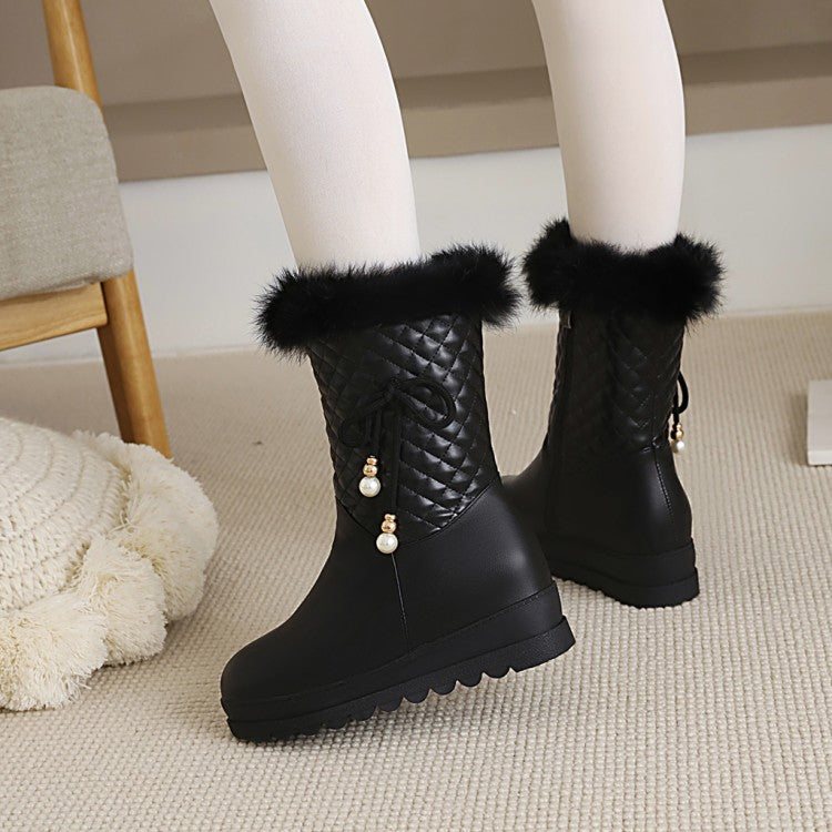 Women's Tied Straps Pearls Furry Side Zippers Platform Wedge Mid-Calf Snow Boots