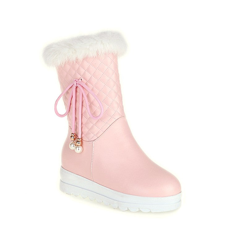 Women's Tied Straps Pearls Furry Side Zippers Platform Wedge Mid-Calf Snow Boots