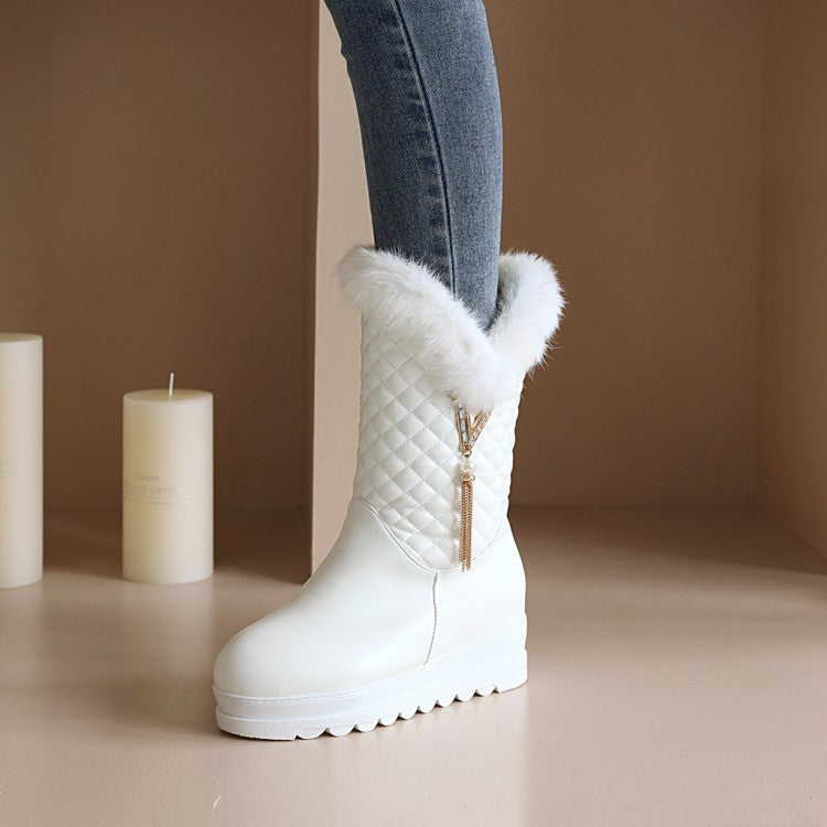 Women's Round Toe Pearls Tassel Furry Side Zippers Platform Wedge Heel Mid-Calf Snow Boots