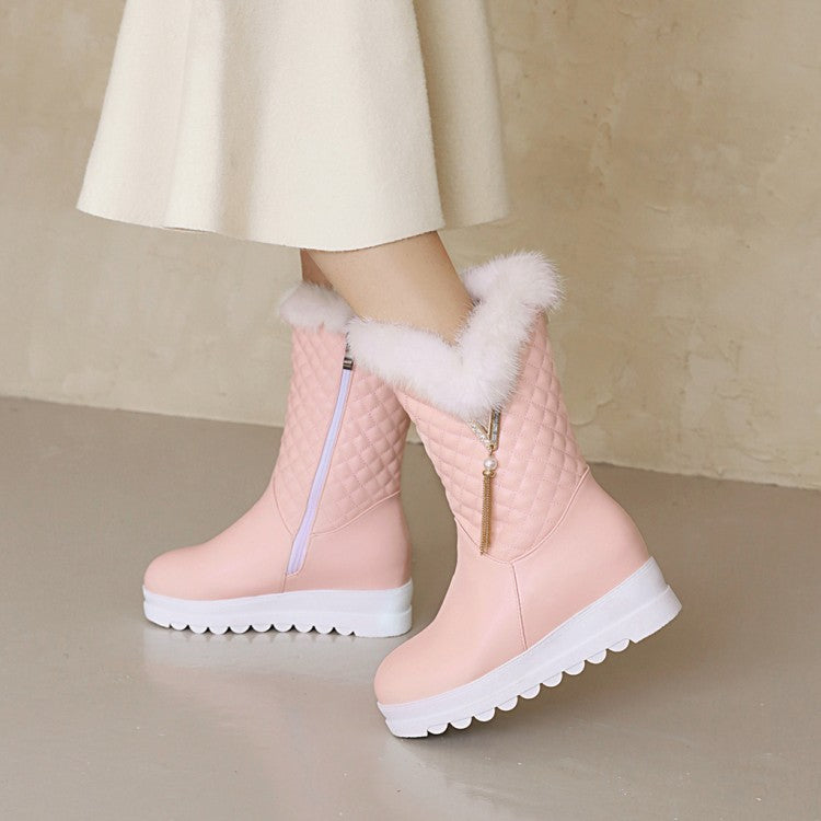 Women's Round Toe Pearls Tassel Furry Side Zippers Platform Wedge Heel Mid-Calf Snow Boots
