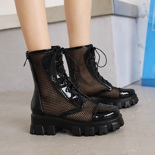 Women's Glossy Round Toe Mesh Lace-Up Block Chunky Heel Platform Short Boots