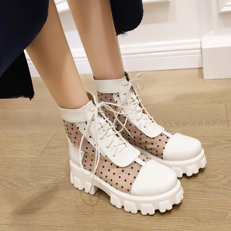 Women's Round Toe Clear Lace-Up Block Chunky Heel Platform Short Boots