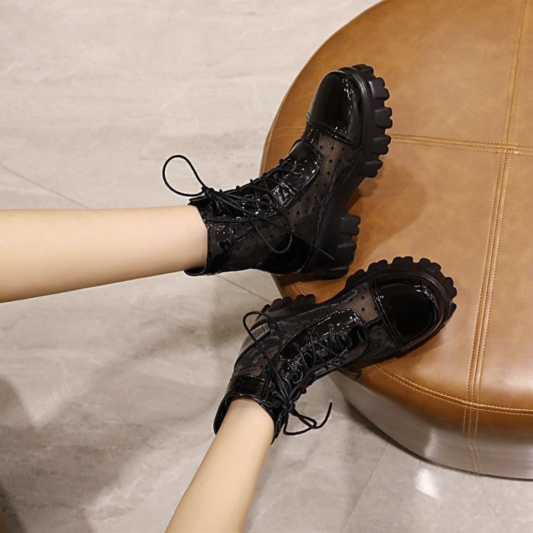 Women's Round Toe Clear Lace-Up Block Chunky Heel Platform Short Boots