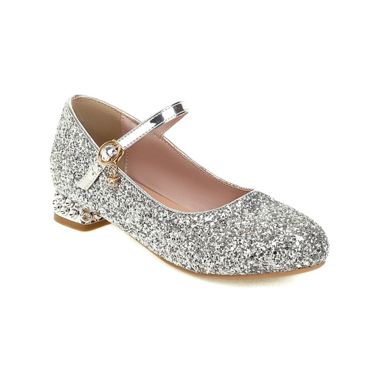 Round Toe Glitter Mary Janes Low Heels Women's Pumps