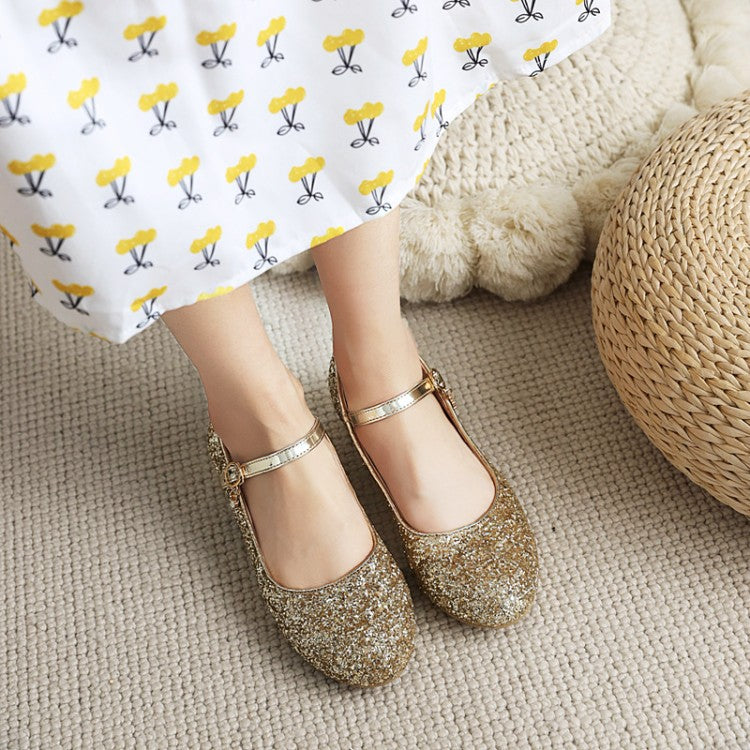 Round Toe Glitter Mary Janes Low Heels Women's Pumps