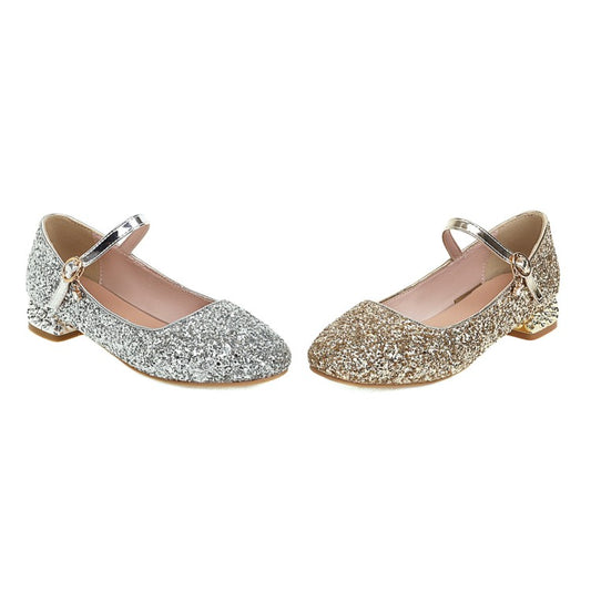 Square Toe Sequins Mary Janes Low Heels Women's Pumps