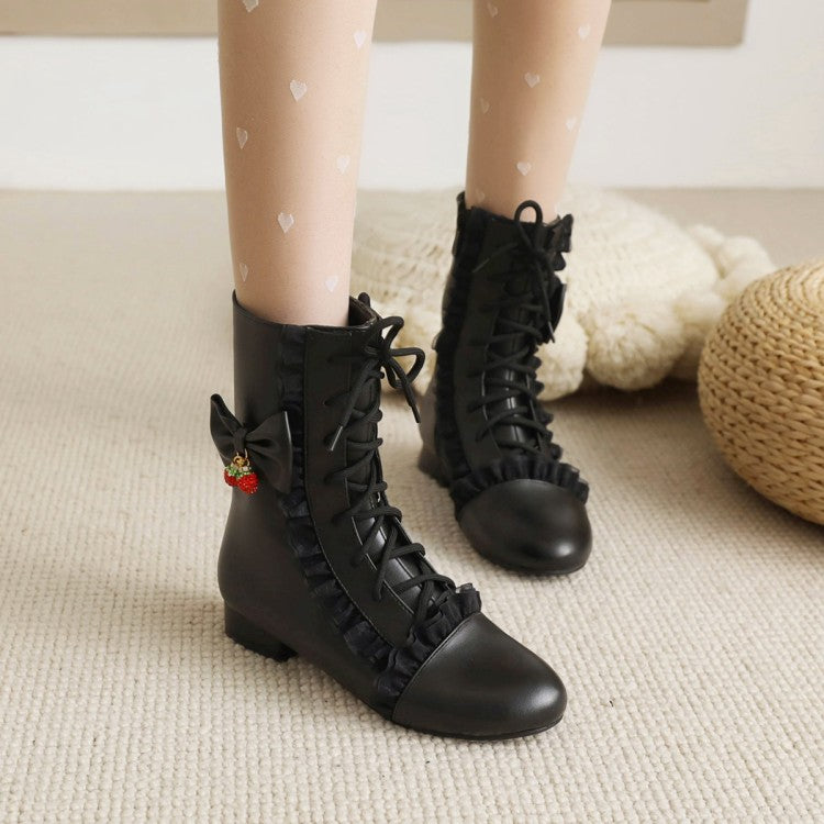 Women's  Side Zippers Lace Up Bow Tie Low Heels Mid Calf Boots