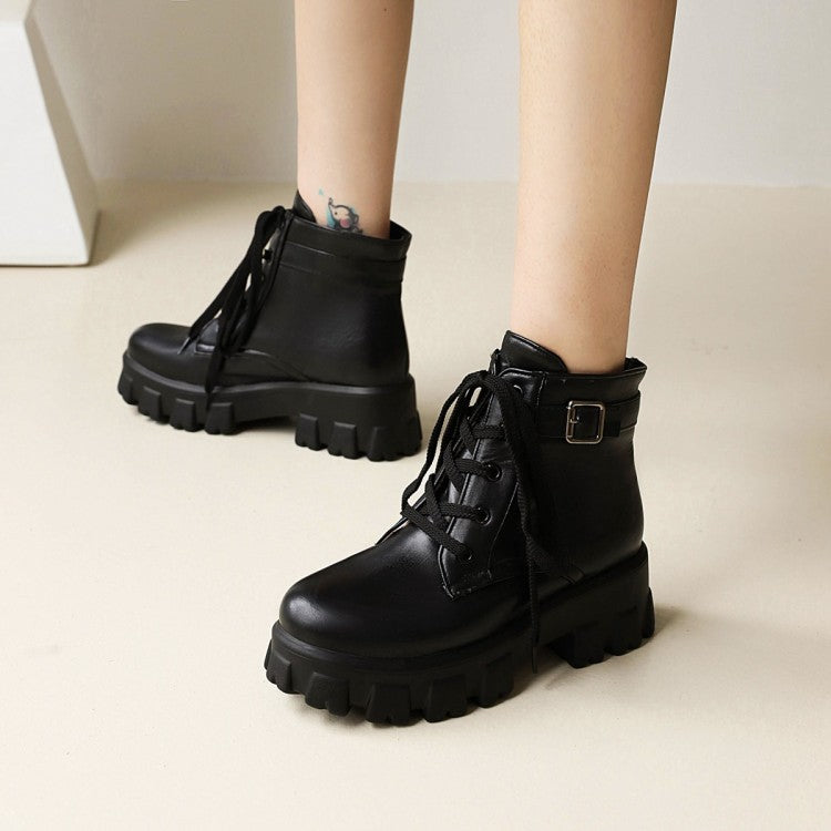 Women's Round Toe Lace Up Buckle Straps Block Chunky Heel Platform Short Boots