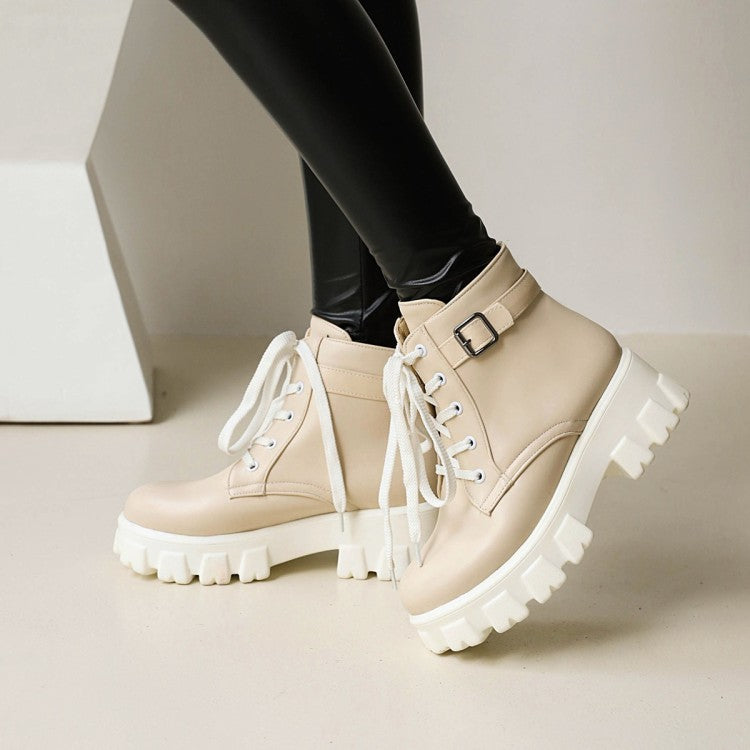 Women's Round Toe Lace Up Buckle Straps Block Chunky Heel Platform Short Boots