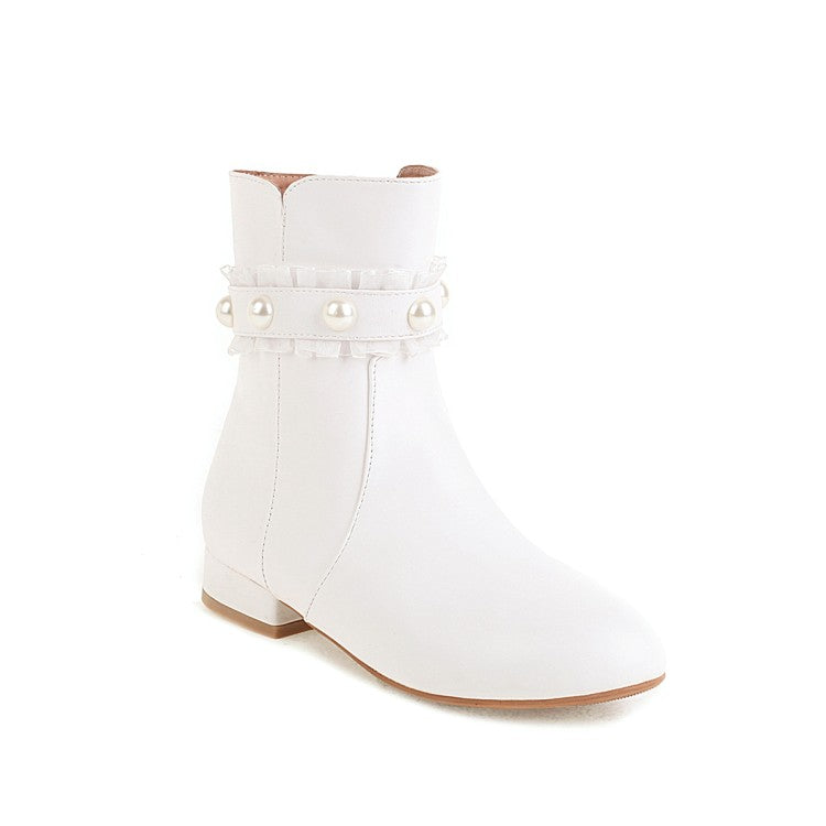 Women's Side Zippers Lace Pearls Low Heels Short Boots