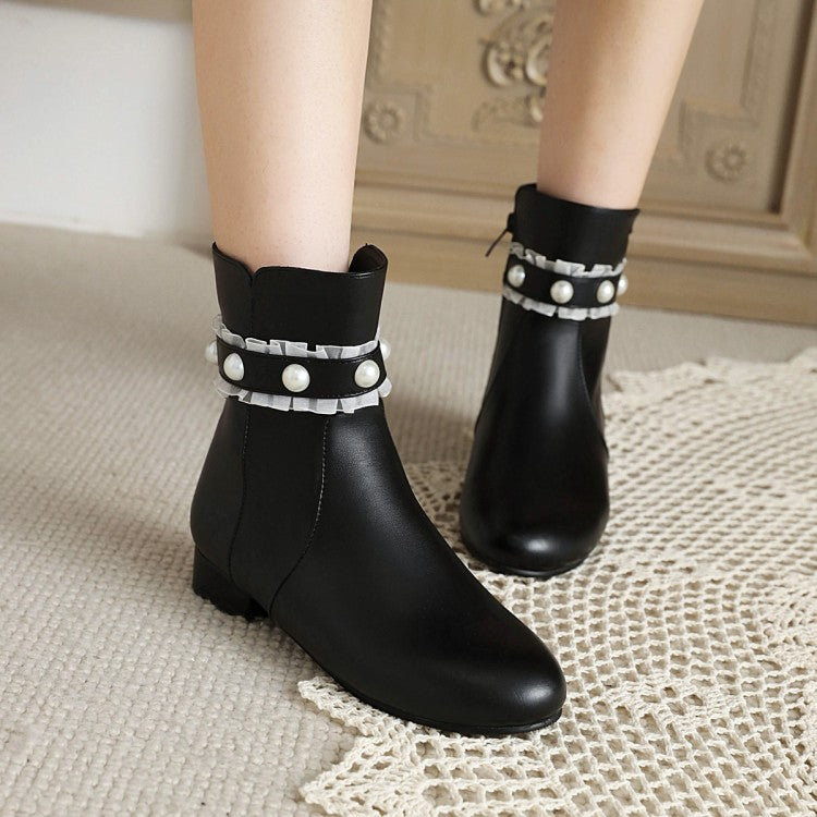 Women's Side Zippers Lace Pearls Low Heels Short Boots