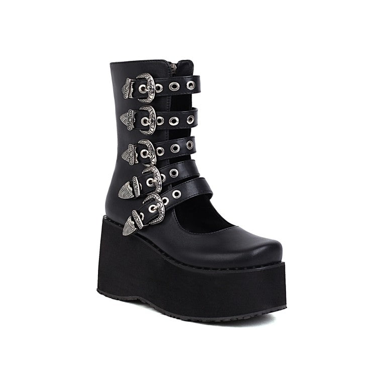 Women's Metal Buckle Straps Wedge Heel Platform Short Boots