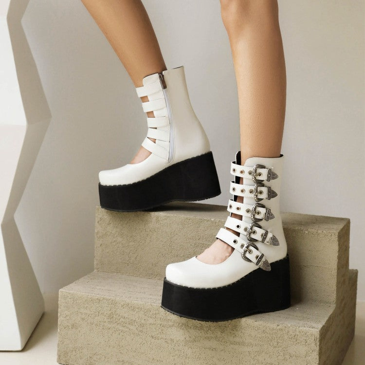 Women's Metal Buckle Straps Wedge Heel Platform Short Boots