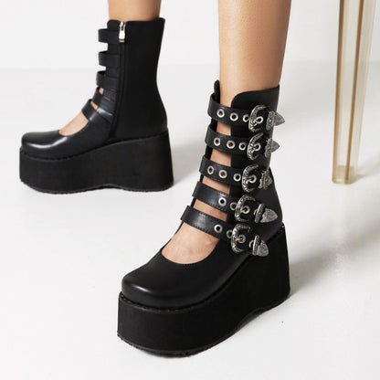 Women's Metal Buckle Straps Wedge Heel Platform Short Boots