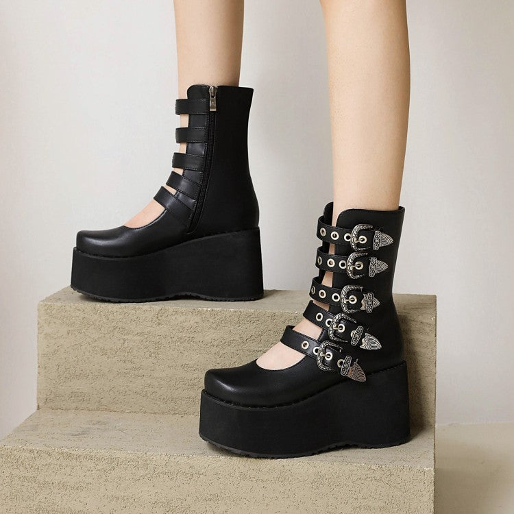 Women's Metal Buckle Straps Wedge Heel Platform Short Boots